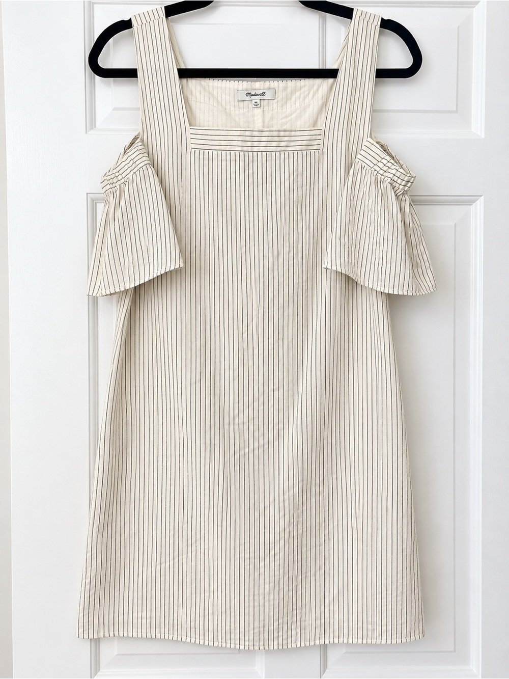 Madewell Cream and Black Pinstripe Cold-Shoulder Shift Dress